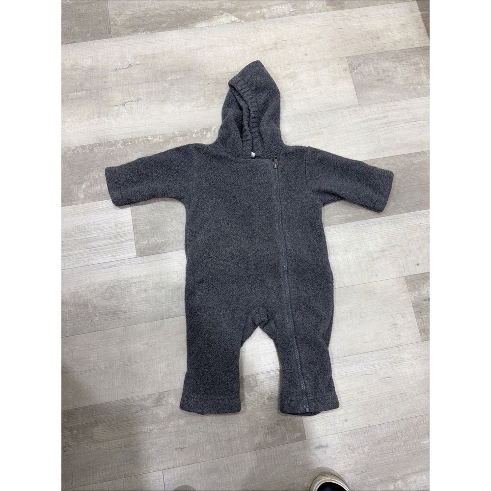 Lands End 12 MonHigh-Pile Fleece Baby Bunting Hooded Fold-Over Sleeves Feet Gray
